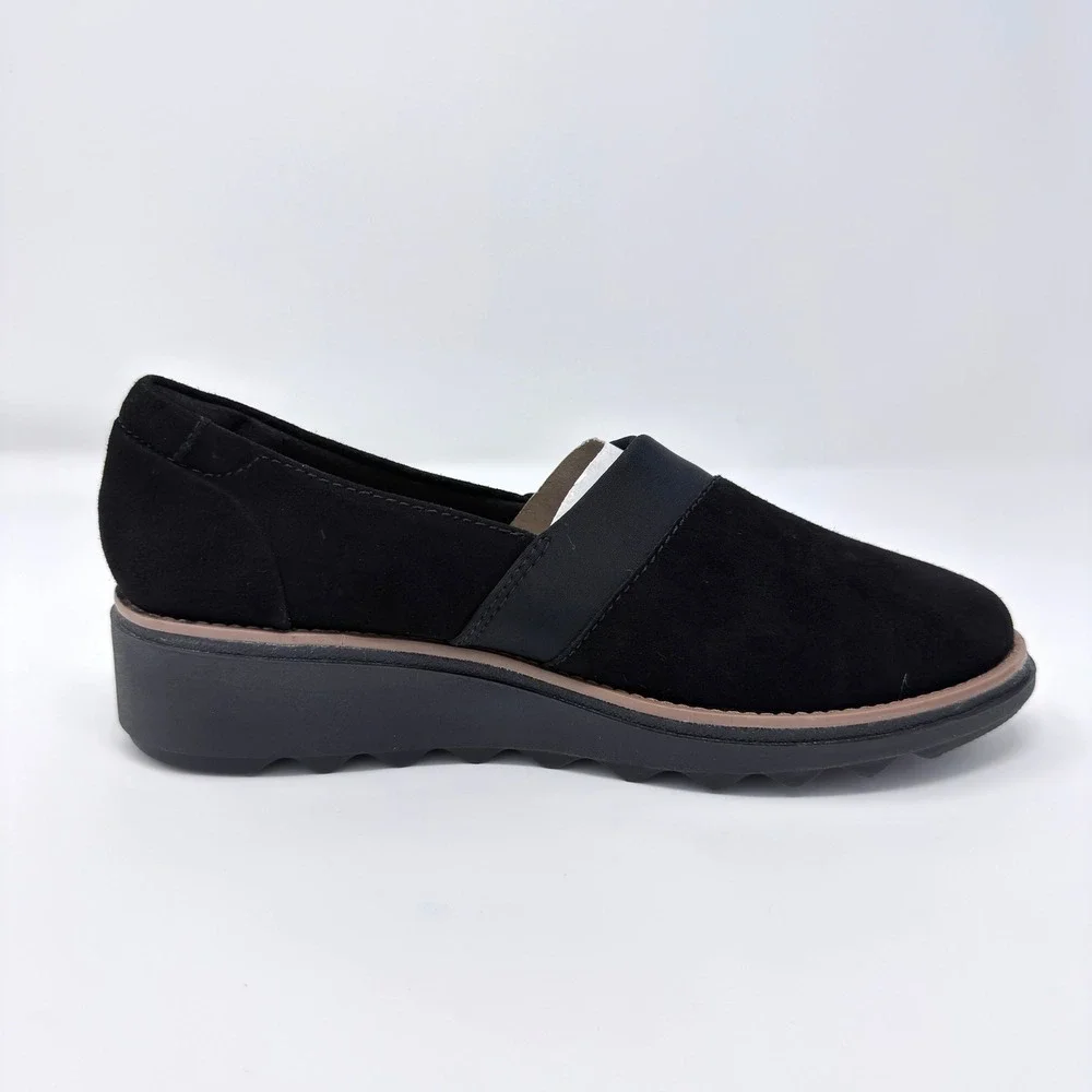 Clarks Sharon Pump Black Suede Wedge Loafers Womens 5.5M Slip On Shoes